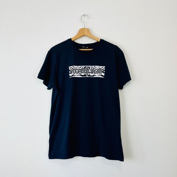 Roberto Cavalli Other - Roberto Cavalli Navy Blue Tiger Print Spell Out Logo Slim Fit T Shirt UK XXL